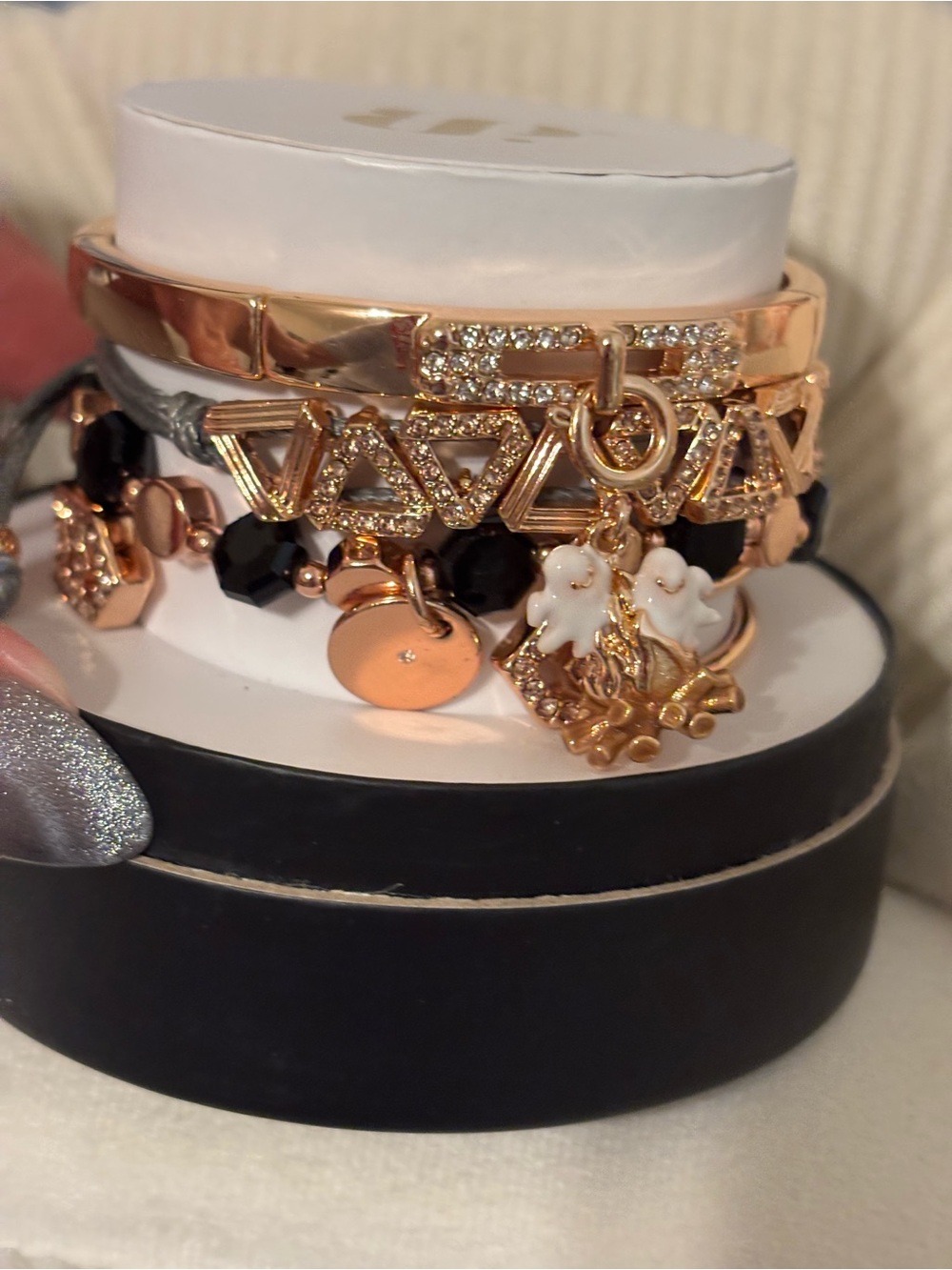 Rose Gold & Black Multi-Chain Charm Bracelet Set Halloween 2026- Women Jewelry